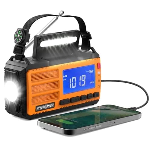 FosPower D8 Emergency Weather Radio 37000mWh (10000mAh) Power Bank, AM/FM/NOAA, Solar/Crank/USB Charging, SOS Alarm & Flashlight (Orange) thumbnail 1