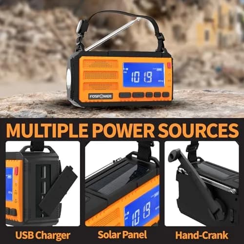 FosPower D8 Emergency Weather Radio 37000mWh (10000mAh) Power Bank, AM/FM/NOAA, Solar/Crank/USB Charging, SOS Alarm & Flashlight (Orange) thumbnail 4
