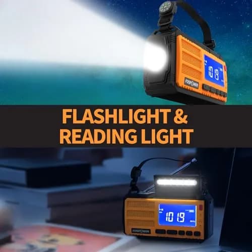 FosPower D8 Emergency Weather Radio 37000mWh (10000mAh) Power Bank, AM/FM/NOAA, Solar/Crank/USB Charging, SOS Alarm & Flashlight (Orange) thumbnail 6