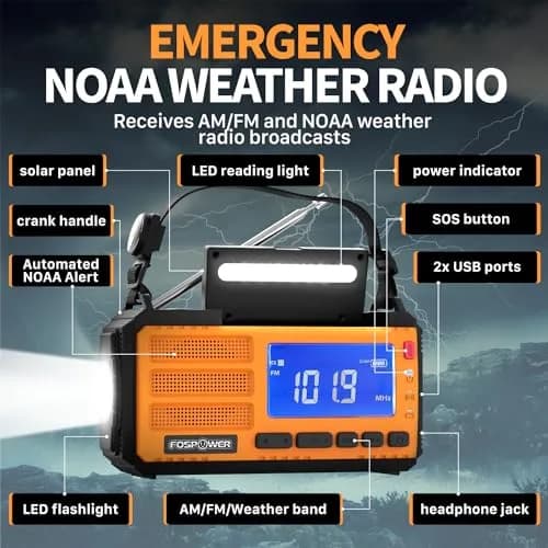 FosPower D8 Emergency Weather Radio 37000mWh (10000mAh) Power Bank, AM/FM/NOAA, Solar/Crank/USB Charging, SOS Alarm & Flashlight (Orange) thumbnail 2