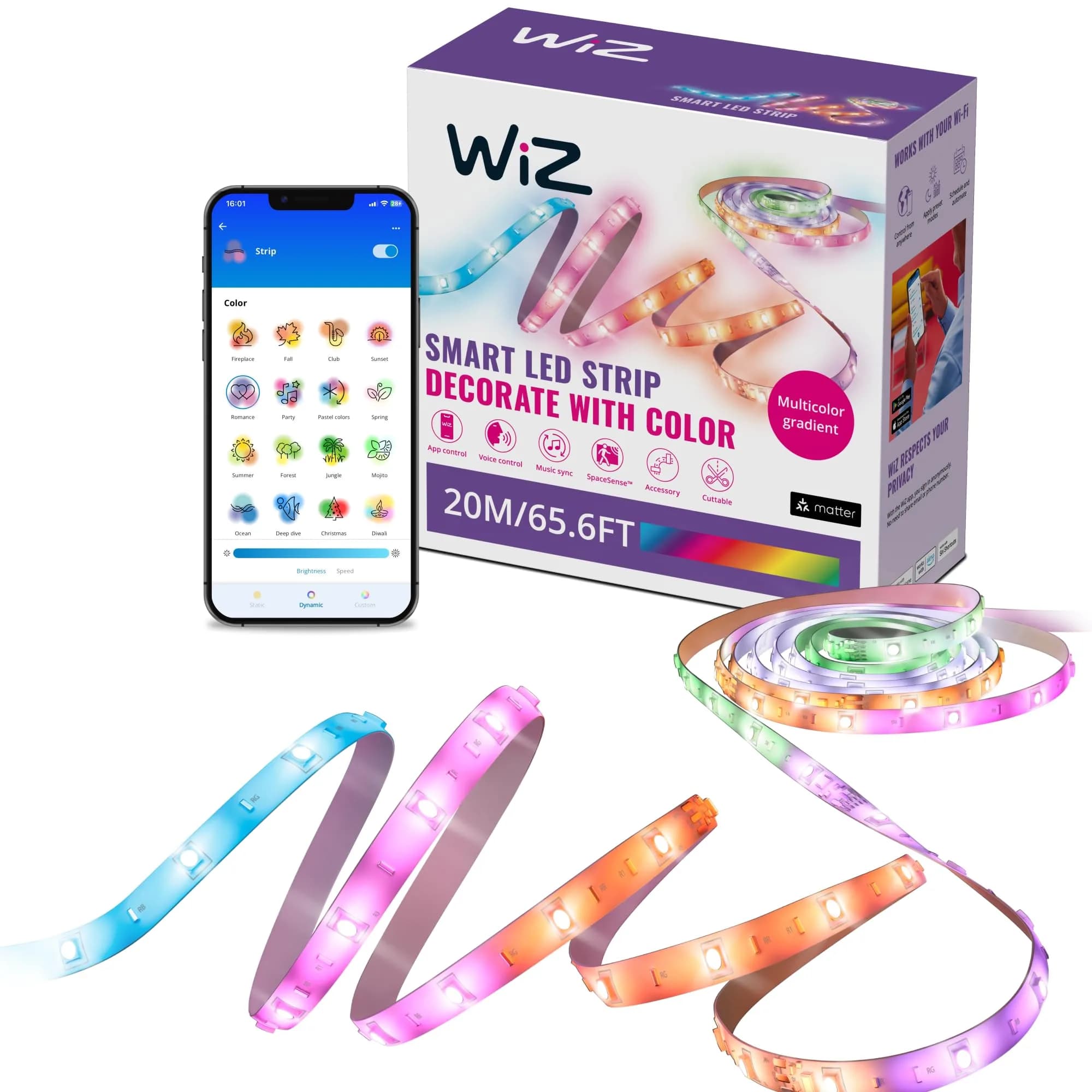 WiZ Connected RGBIC LED Light Strip 10m (32.8 ft) | Flowing Multicolor, App & Voice Control — 20 Meter