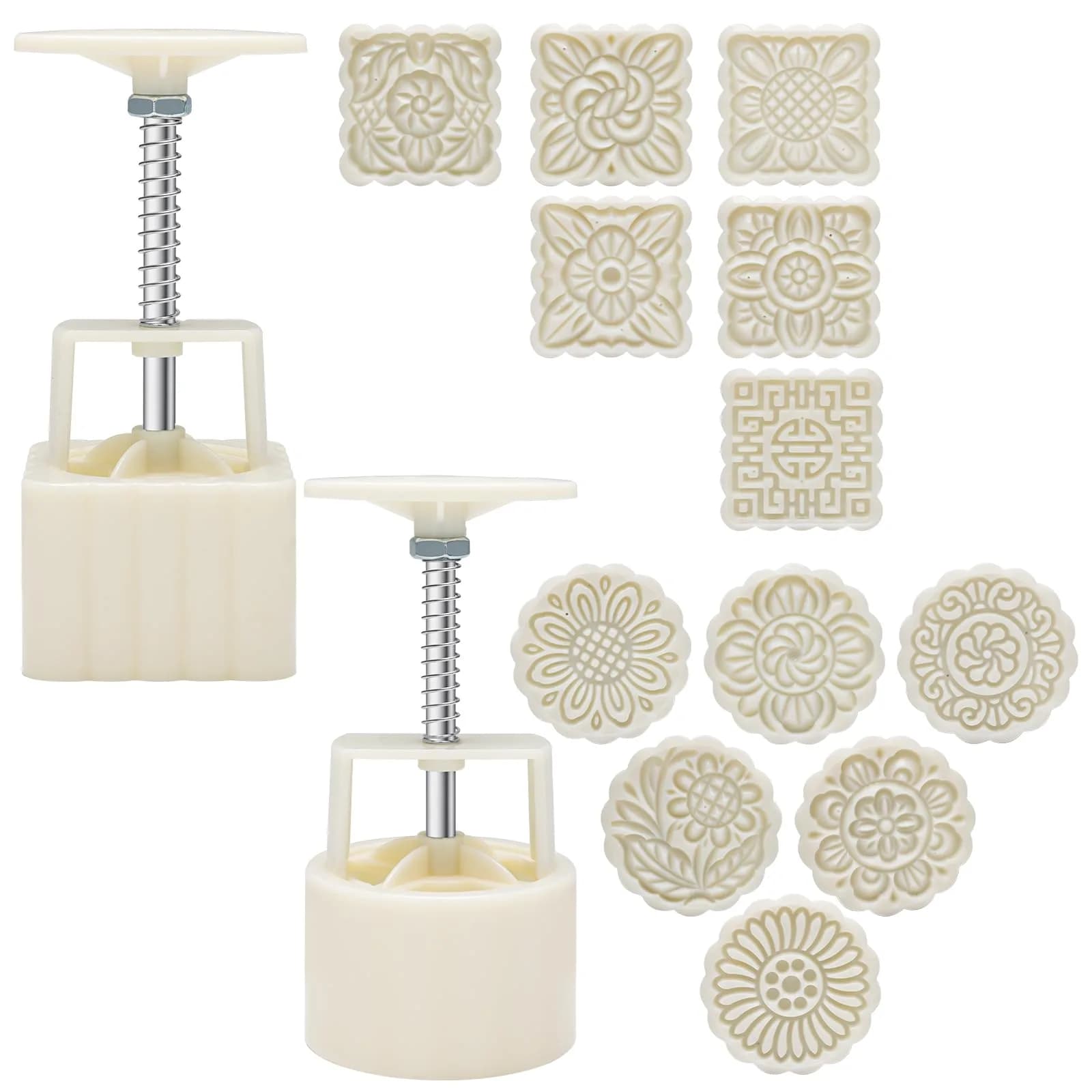 Luxiv 50g Mooncake Mold Set, 12 Patterns Round & Square | Food-Grade Stainless Steel & Plastic — White