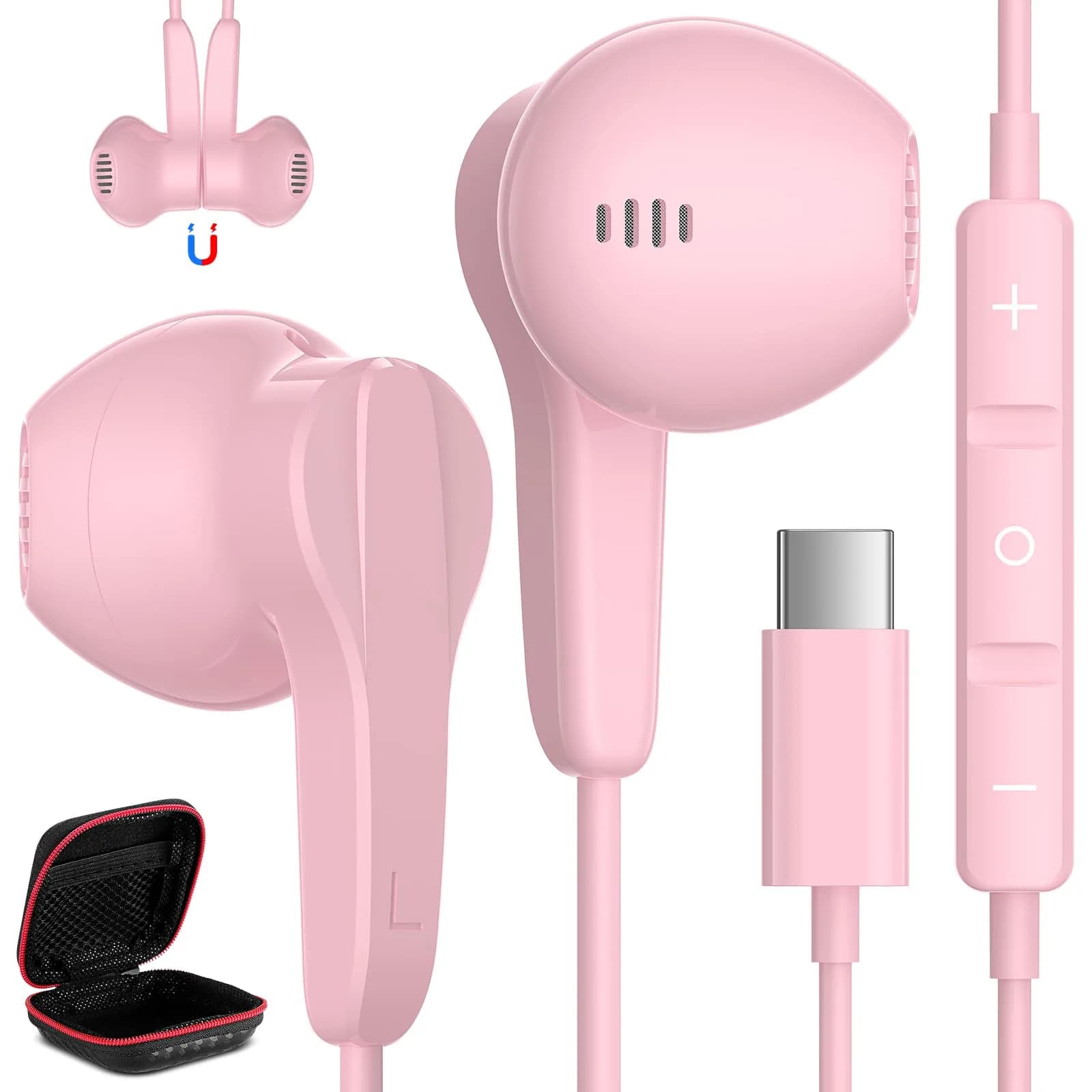 ASKUBSKU Wired Type C Headphones White | Noise Isolating, Deep Bass, Universal Compatibility — Pink