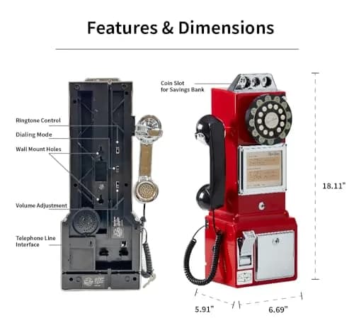 RyanBros 1950's Style Payphone with Coin Bank Corded Landline Phone - Black | Authentic USA Import thumbnail 8