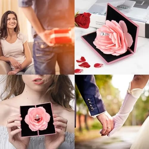 wonuu Rhombus Shaped Engagement Ring Box with Flannel Lining | Surprise Proposal Jewelry Storage Holder for Women (Pink) thumbnail 6