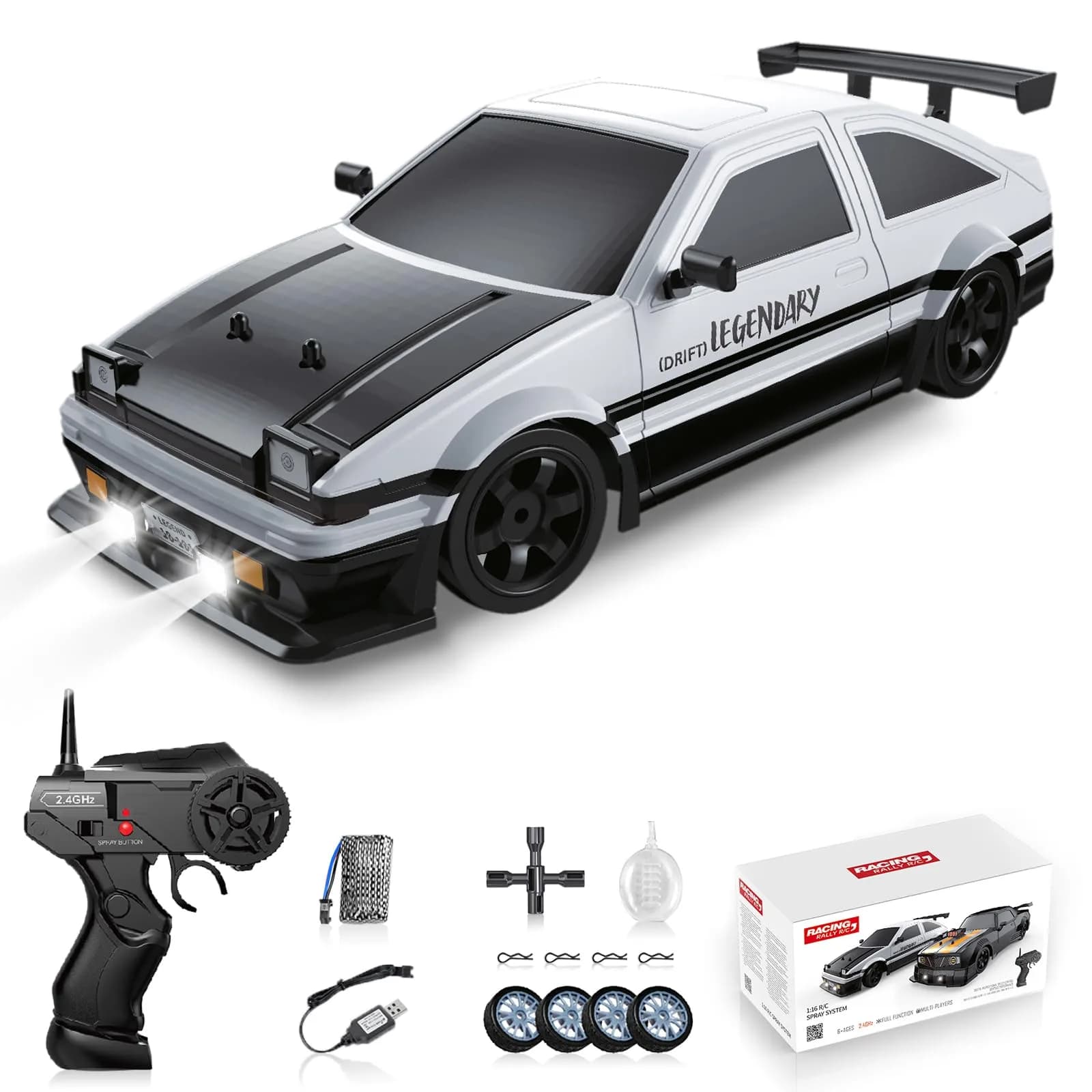 Sakeye 1/16 Scale RC Drift Car with Spray & Lights, 4WD High-Speed Remote Control Car with Extra Tires (Black) — White