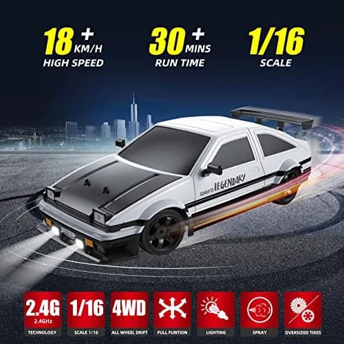 Sakeye 1/16 Scale RC Drift Car with Smoke LED Lights & 4WD, White | 18KM/H Speed, 35m Range thumbnail 2