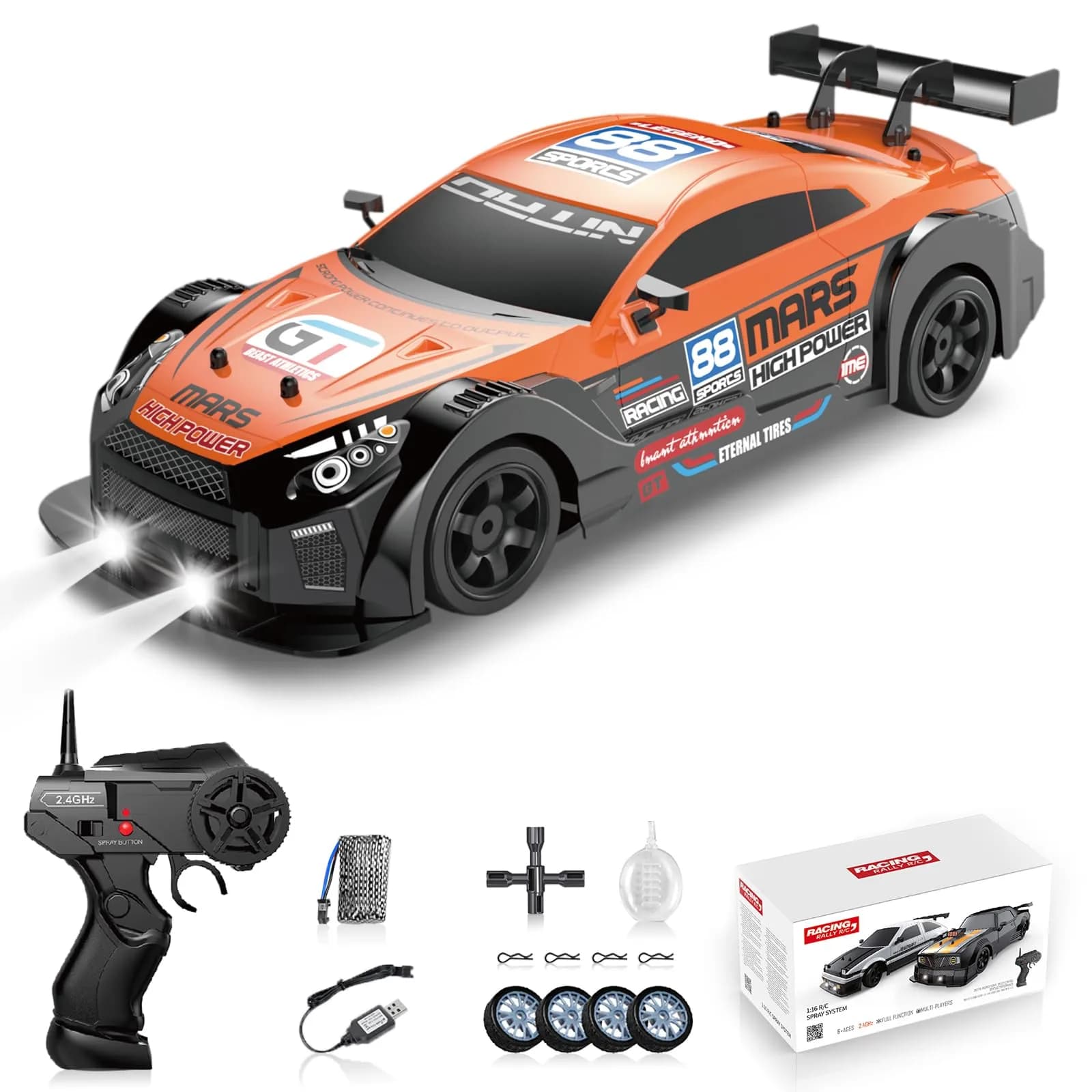 Sakeye 1/16 Scale RC Drift Car with Spray & Lights, 4WD High-Speed Remote Control Car with Extra Tires (Black) — Orange