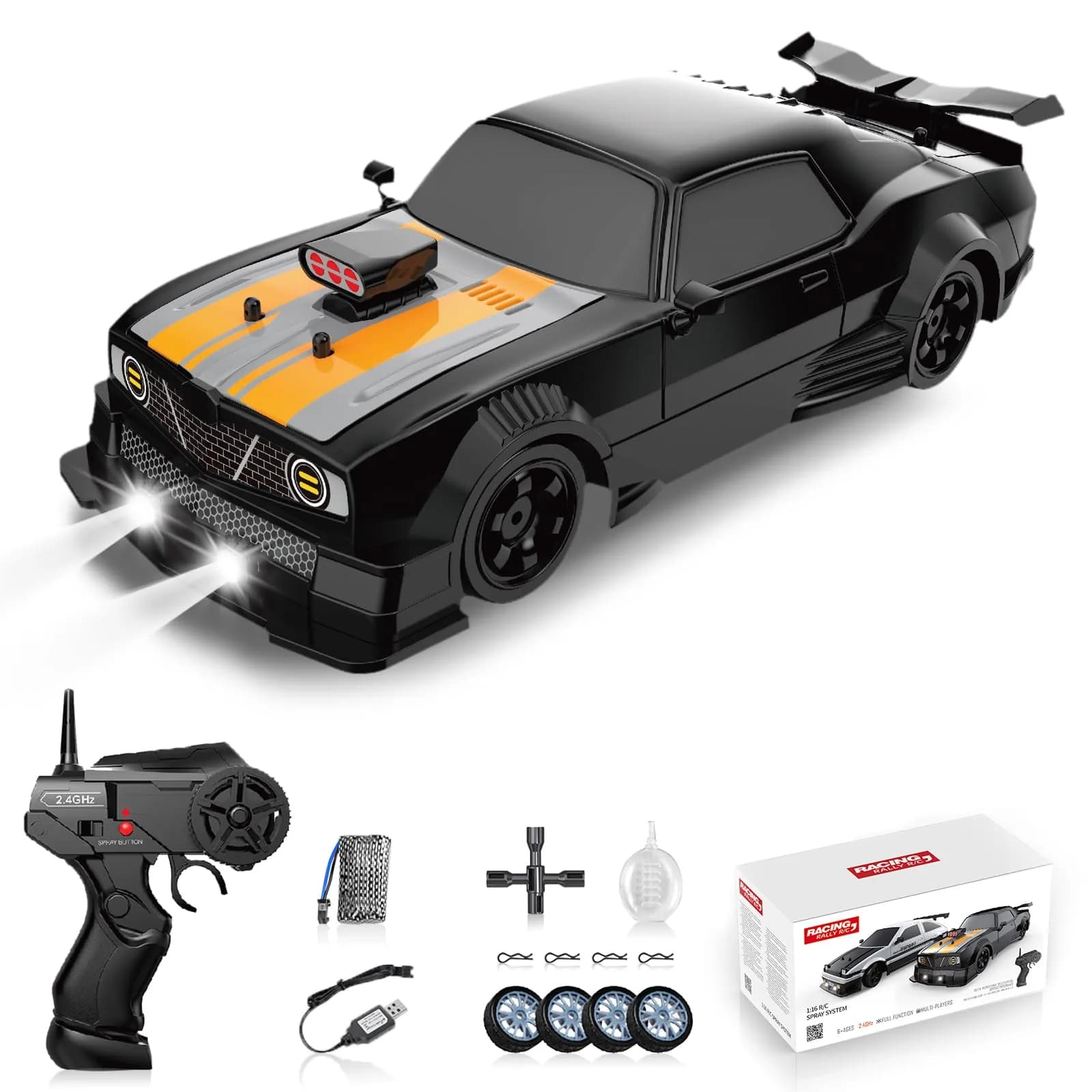 Sakeye 1/16 Scale RC Drift Car with Spray & Lights, 4WD High-Speed Remote Control Car with Extra Tires (Black) - main product image