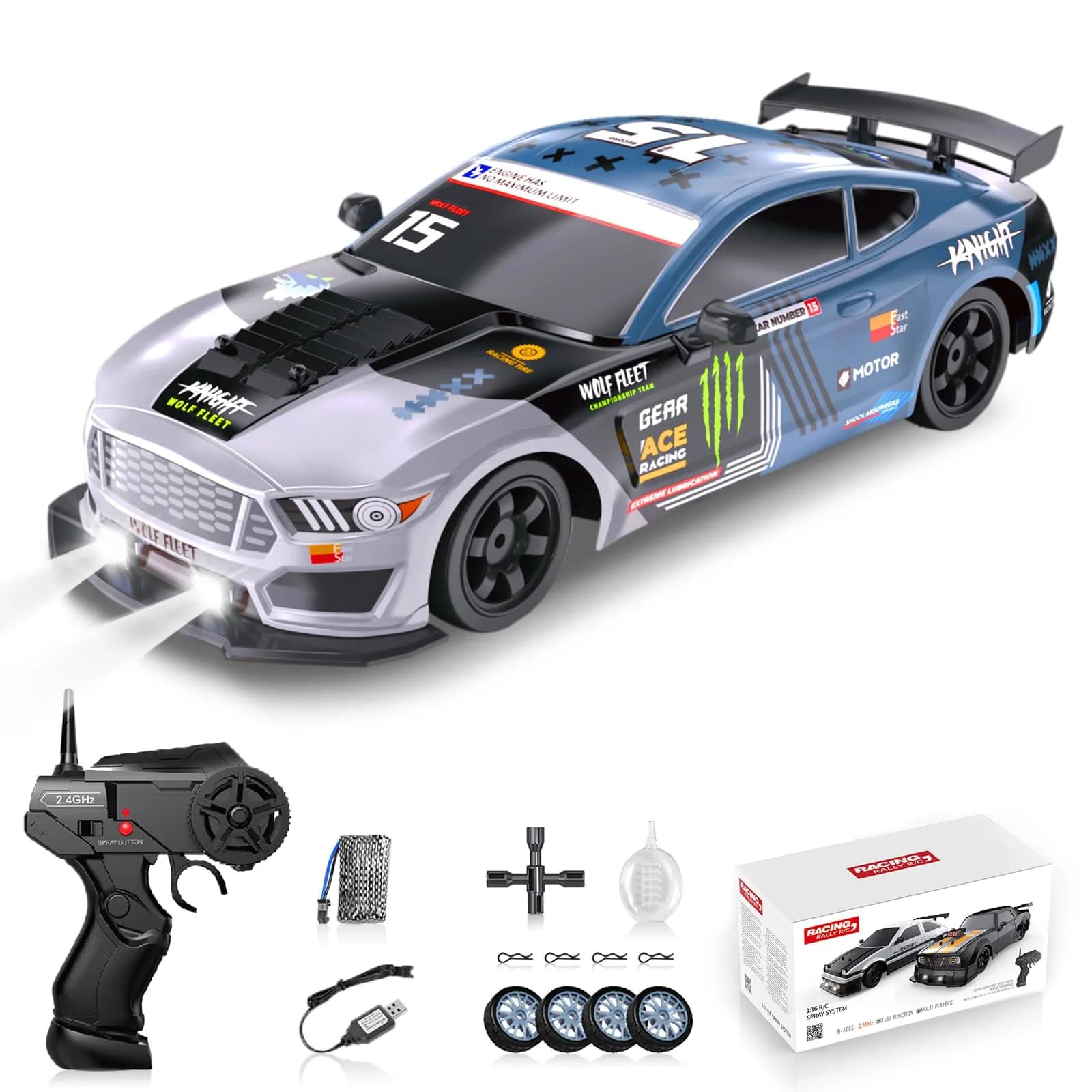 Sakeye 1/16 Scale RC Drift Car with Spray & Lights, 4WD High-Speed Remote Control Car with Extra Tires (Black) — Blue+wh