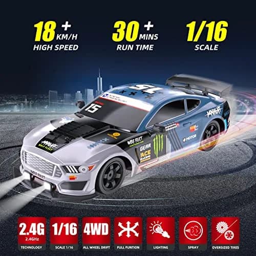 Sakeye 1:16 Scale RC Drift Car with Spray & LED Lights, 10-12 Inch Blue+wh | 4WD Remote Control Toy for Boys & Kids thumbnail 2