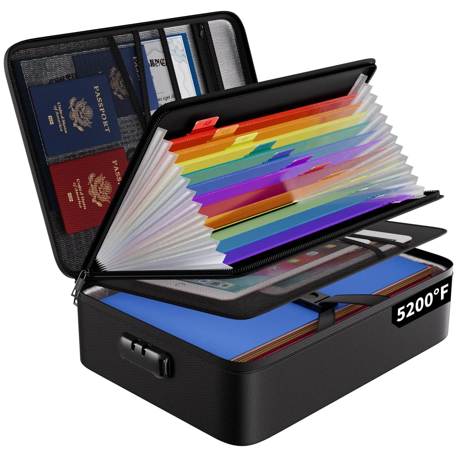 ENGPOW Fireproof File Organizer Bag with 13 Pockets Accordion File Folder & Lock, 1.38 kg (3 lb) | Protects Documents Up to 5200°F — Black