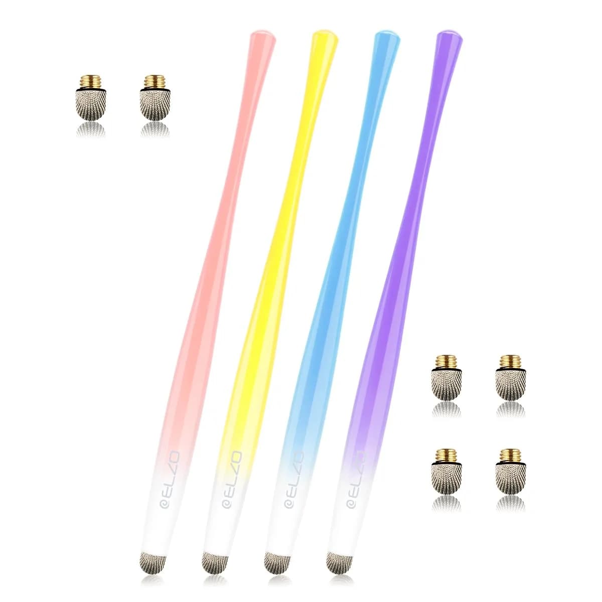 ELZO Stylus Pen Combo 2 Pack | Universal Capacitive Touch Screen with 4 Fiber Tips for Tablets & Phones — Blue, Purple, Yello, Pink
