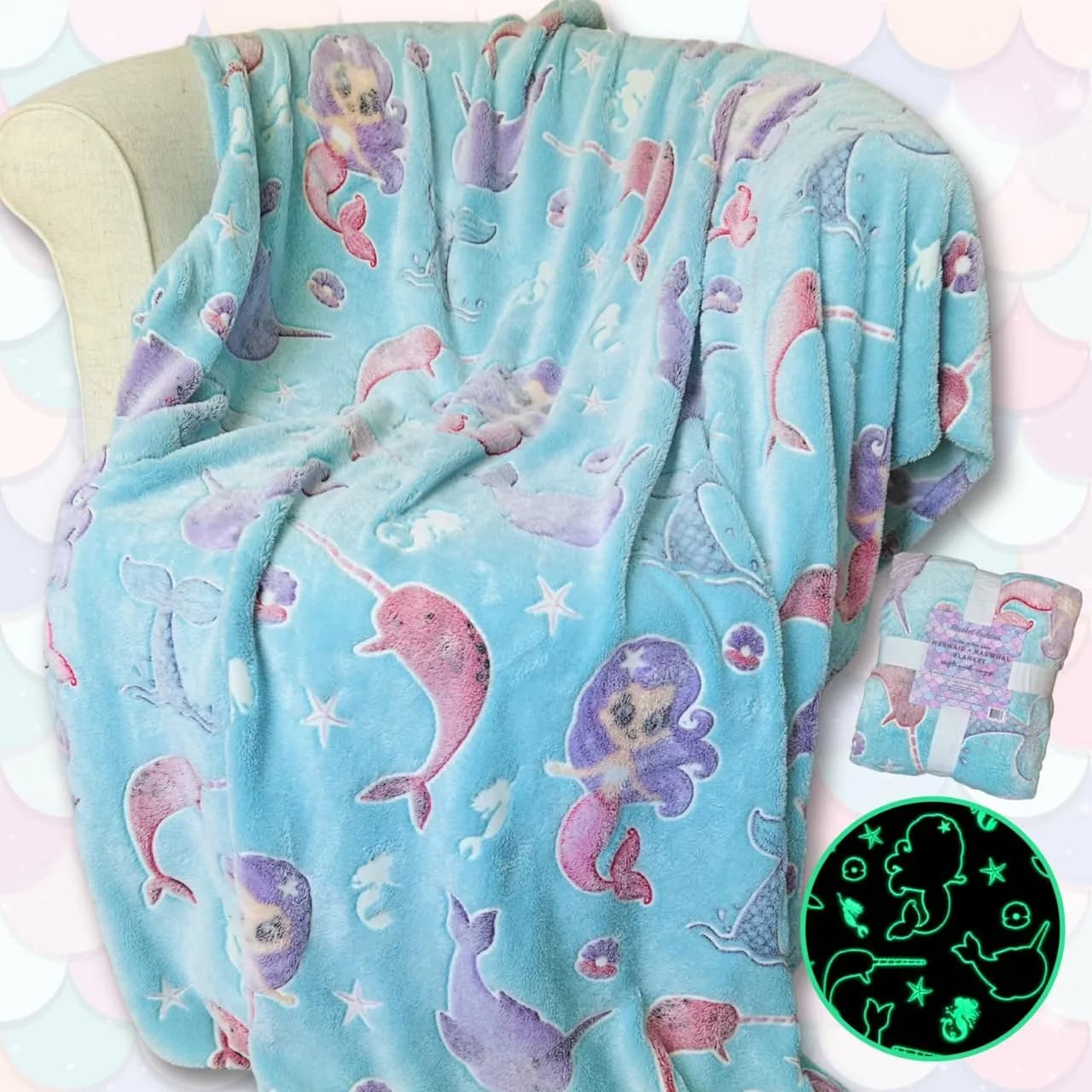 Blanket Buddies Mermaid Narwhal Throw Blanket Glow in The Dark 127cm x 152cm (50" x 60") | Cozy Fleece for Kids