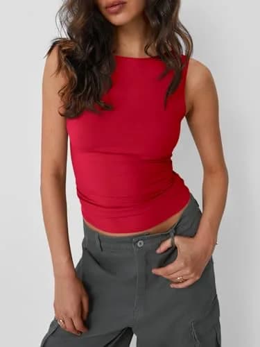 Trendy Queen Women's Boat Neck Sleeveless Tank Top Red Medium | Basic Casual Summer Outfit thumbnail 2