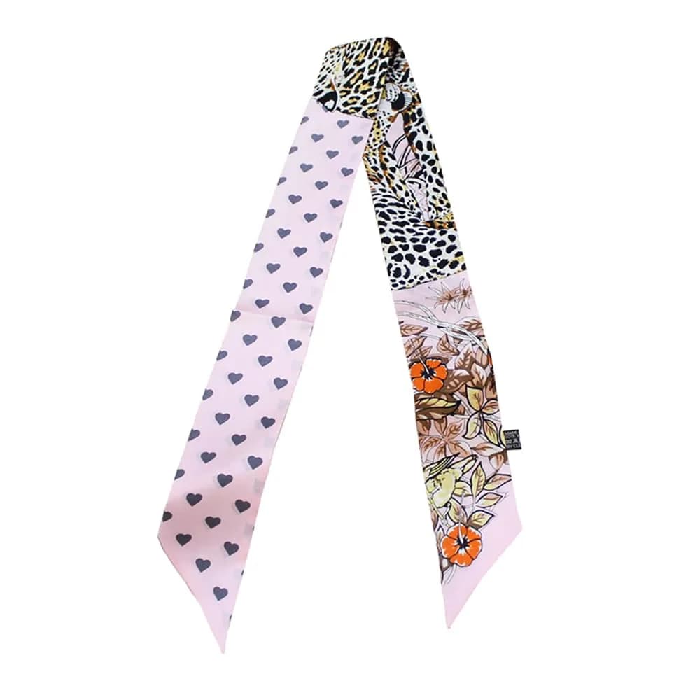 JERLA 100% Mulberry Silk Scarf 88cm x 5cm | Horse Chewing Ring Blue — Heart Leopard Print Pink