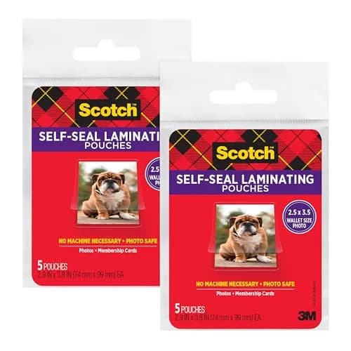 Scotch Self-Sealing Laminating Pouches, Wallet Photo Size, Glossy Finish, 2.5 x 3.5 in. (Pack of 2, 10 Pouches Total) thumbnail 1