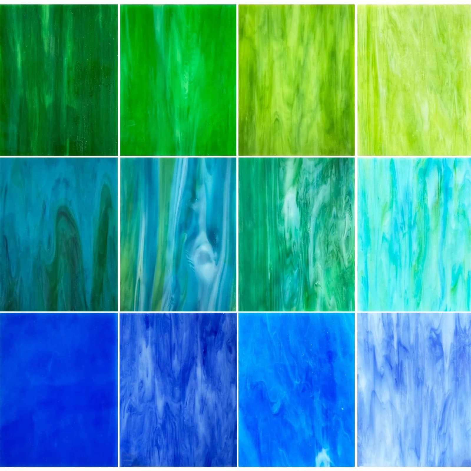 ILLUCKAI 12 Sheets Stained Glass Sheets 4 x 6 inch | Assorted Black, White, Pink Glass for Mosaic Art Crafts — BLUE+GREEN