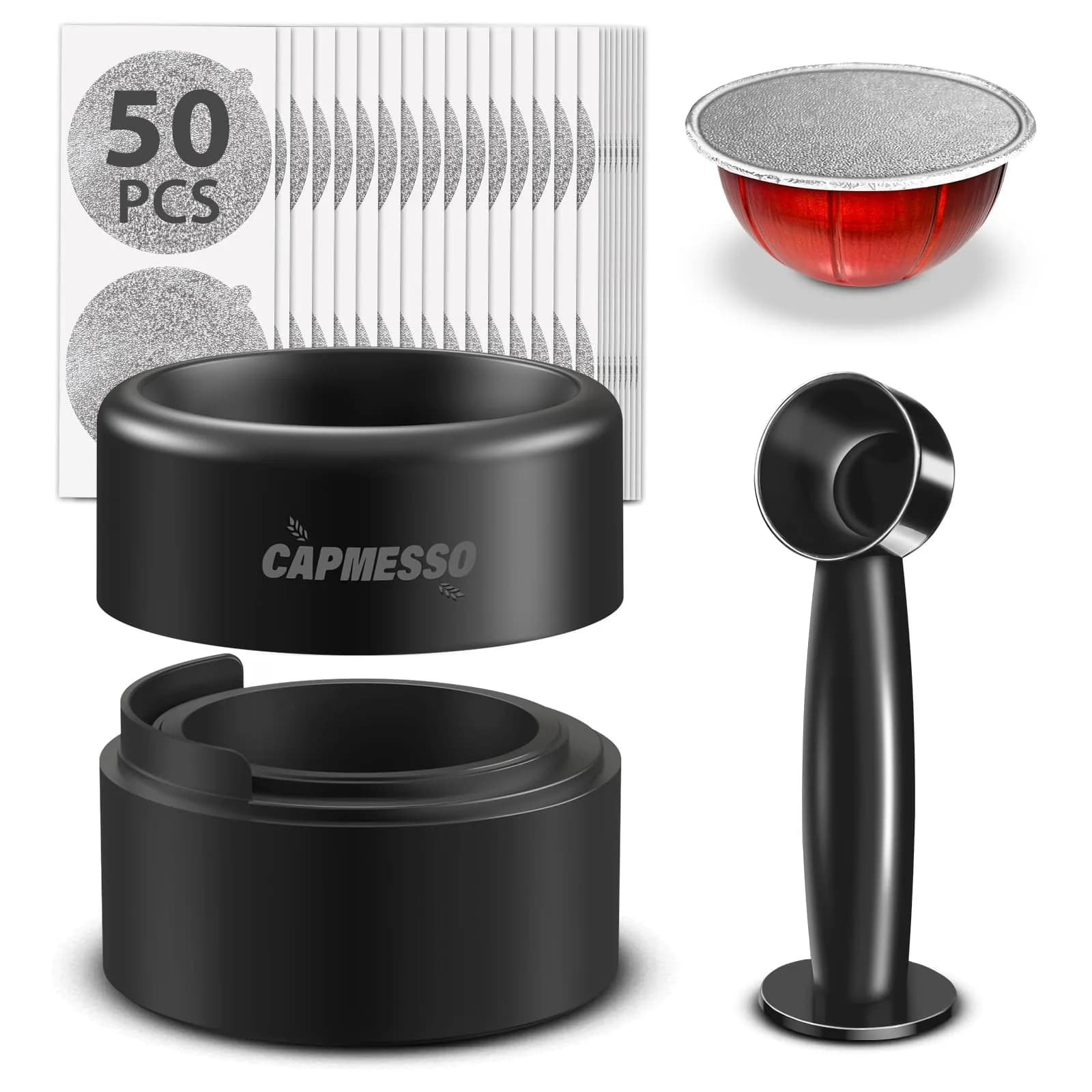 CAPMESSO Reusable Refill Kit for Nespresso Vertuo Pods with Fast Sealing & 50 Aluminum Lids (52 Total Pieces)