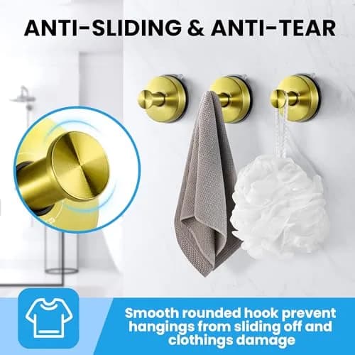 JOMOLA Gold Suction Cup Shower Hooks 2-Pack | Heavy Duty Stainless Steel Wall Mount for Wet Environments thumbnail 5