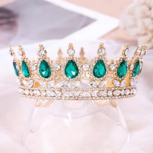 Feltent Green Crystal Queen Crown Princess Tiara for Women | 11.8 cm (4.72 inches) Diameter thumbnail 3