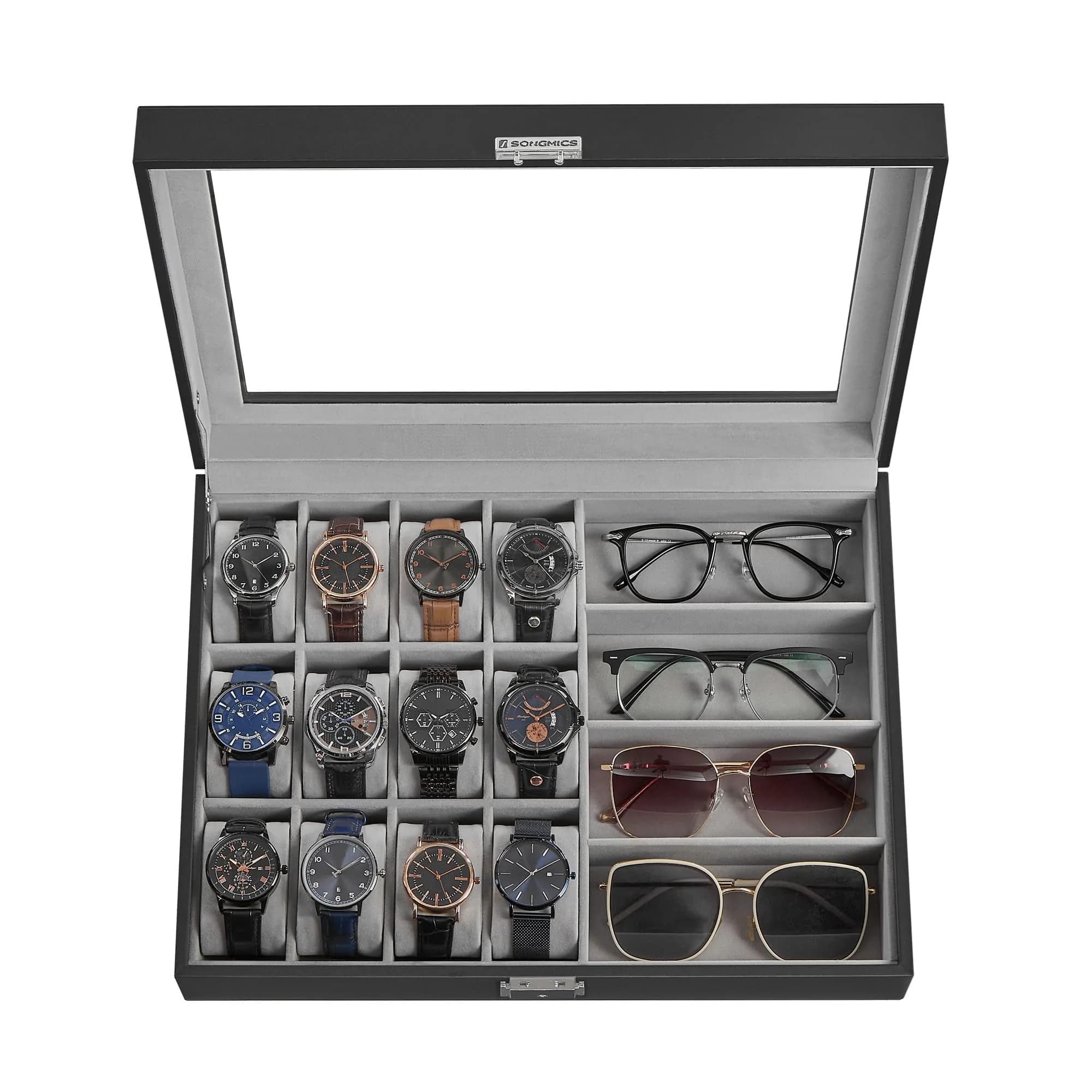 SONGMICS 24-Slot Watch Box Organizer with Glass Lid & Lock | 43.5cm (17.1") L x 29.5cm (11.6") W — Ink Black + Dove Gray