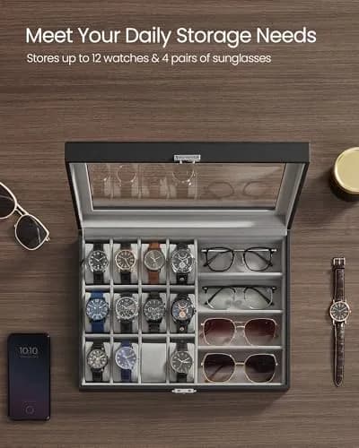 SONGMICS 16-Slot Watch and Sunglasses Box with Glass Lid, 29 x 39 x 8 cm | Protects Timepieces & Accessories thumbnail 3