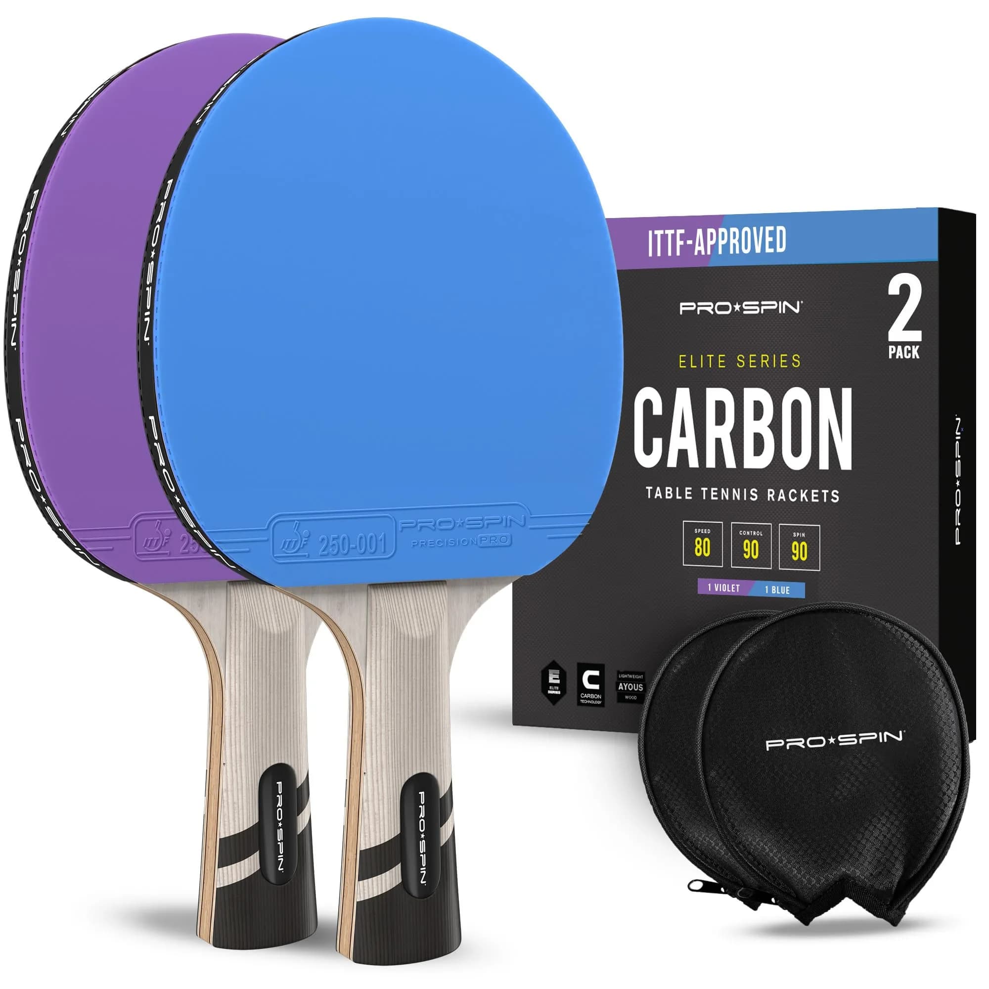 PRO-SPIN Carbon Fiber Table Tennis Rackets | 7-Ply Blade, 2.0mm Sponge, ITTF Approved Rubber (2-Pack, Blue/Violet) — Blue/Violet