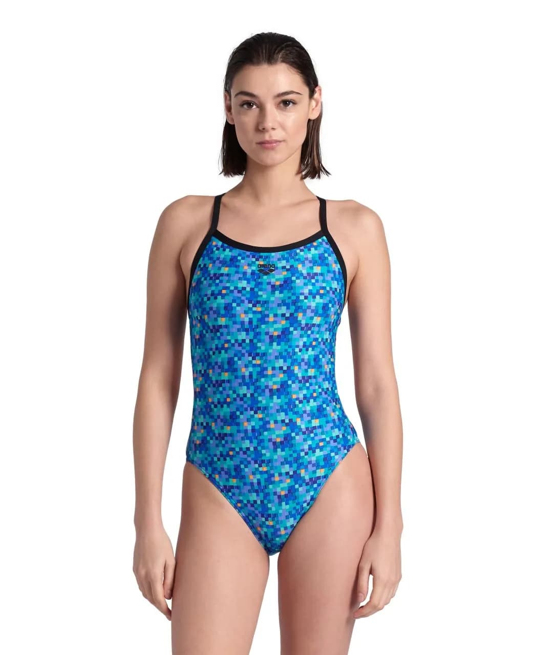 ARENA Women's Pool Tiles Challenge Back One Piece Swimsuit MaxLife, Black/Blue Multi, US Size 24 | Chlorine-Resistant & Eco-Friendly - main product image