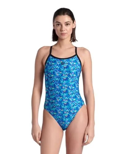 ARENA Women's Pool Tiles Challenge Back One Piece Swimsuit MaxLife, Black/Blue Multi, US Size 24 | Chlorine-Resistant & Eco-Friendly thumbnail 1