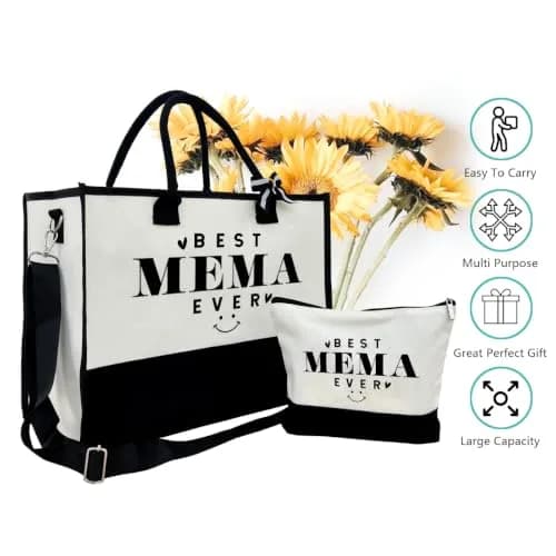 SUSZDOU Gift for Best Mema Ever Large Canvas Beach Bag with Inner Pocket and Makeup Pouch | Reusable Travel Shoulder Bag for Women thumbnail 5