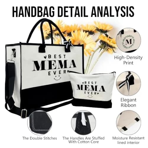SUSZDOU Gift for Best Mema Ever Large Canvas Beach Bag with Inner Pocket and Makeup Pouch | Reusable Travel Shoulder Bag for Women thumbnail 6