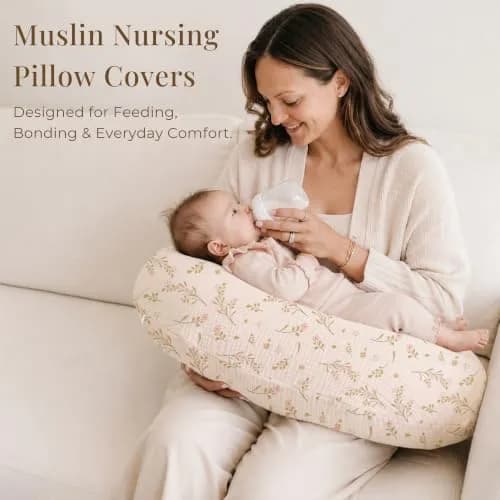 Konssy 2-Pack Muslin Nursing Pillow Covers, Floral Soft Slipcover for Baby | 25" x 18" | 100% Cotton, Zipper thumbnail 5