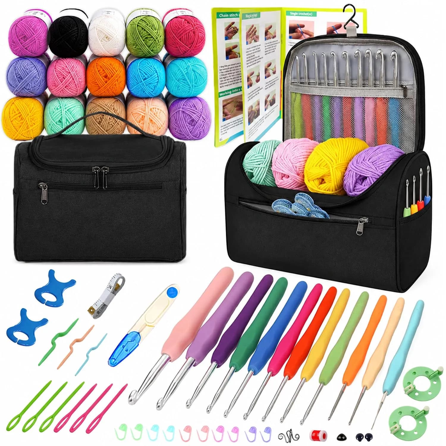 Yarniss Crochet Kit for Beginners, All in One Crochet Kits with 12 Yarn Skeins & 10 Ergonomic Hooks, Adult Crafting Set (Navy) — Black-12 Size