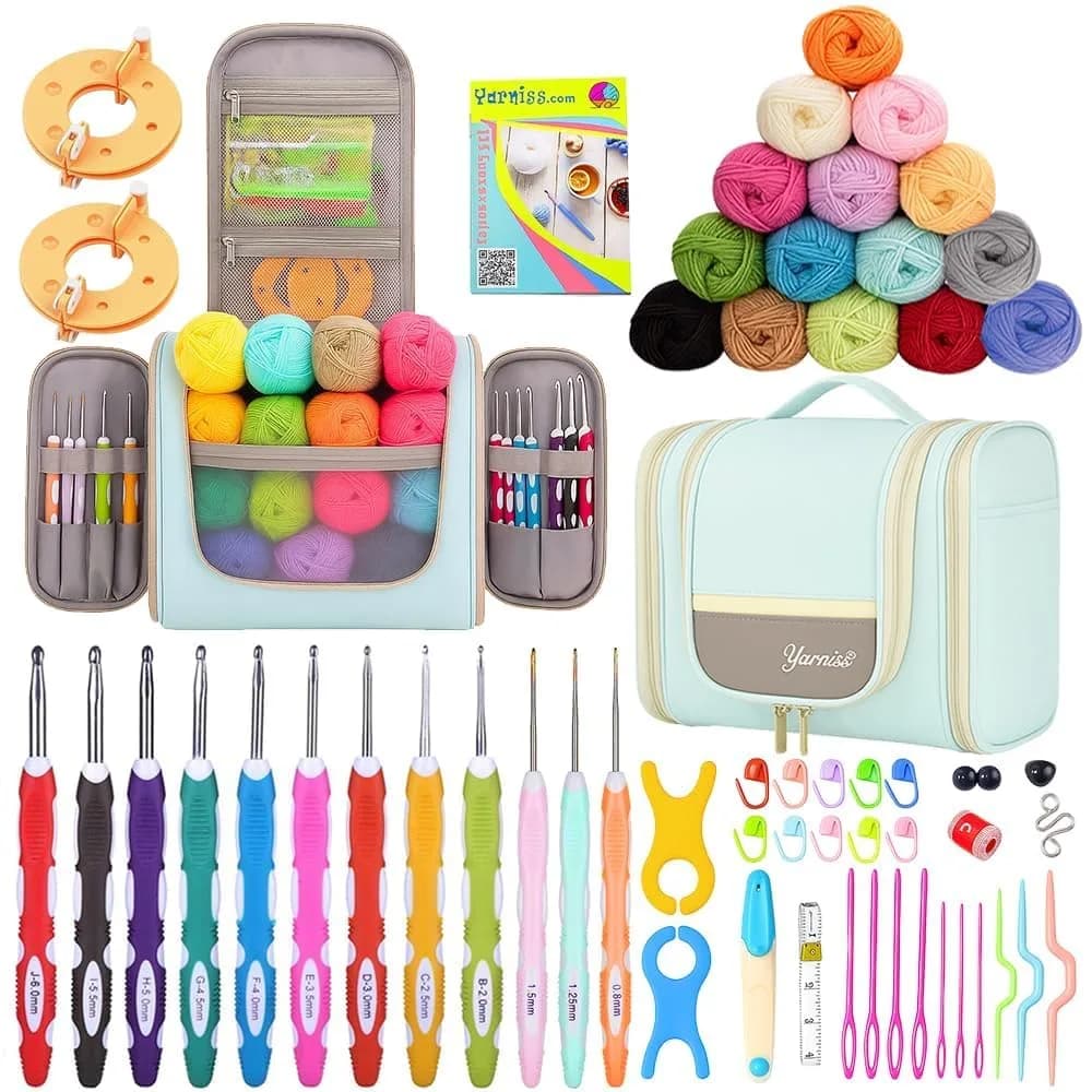 Yarniss Crochet Kit for Beginners, All in One Crochet Kits with 12 Yarn Skeins & 10 Ergonomic Hooks, Adult Crafting Set (Navy) — Mint-12 Size