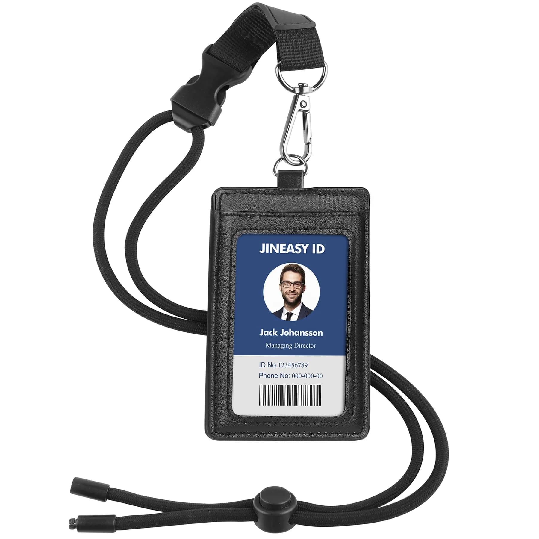 JINEASY ID Leather ID Badge Holder Vertical Lanyard ID Card Holder Black Badge Protector Case for Work Office Name Badges Keycard, Holds 3 ID Cards, 2 Pack — Leather Id Holder With Lanyard