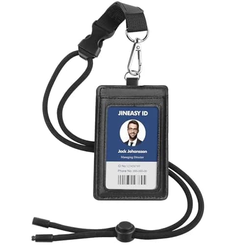 JINEASY ID Black Leather Badge Holder with Breakaway Lanyard & Metal Clip, 7 x 11 cm (2.7 x 4.3 inch) | Genuine Leather, Detachable Buckle thumbnail 1