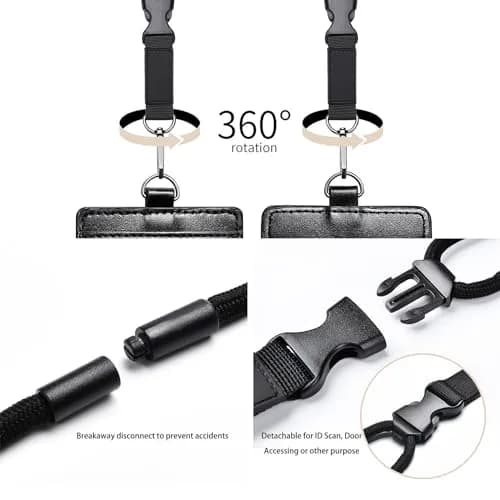 JINEASY ID Black Leather Badge Holder with Breakaway Lanyard & Metal Clip, 7 x 11 cm (2.7 x 4.3 inch) | Genuine Leather, Detachable Buckle thumbnail 4