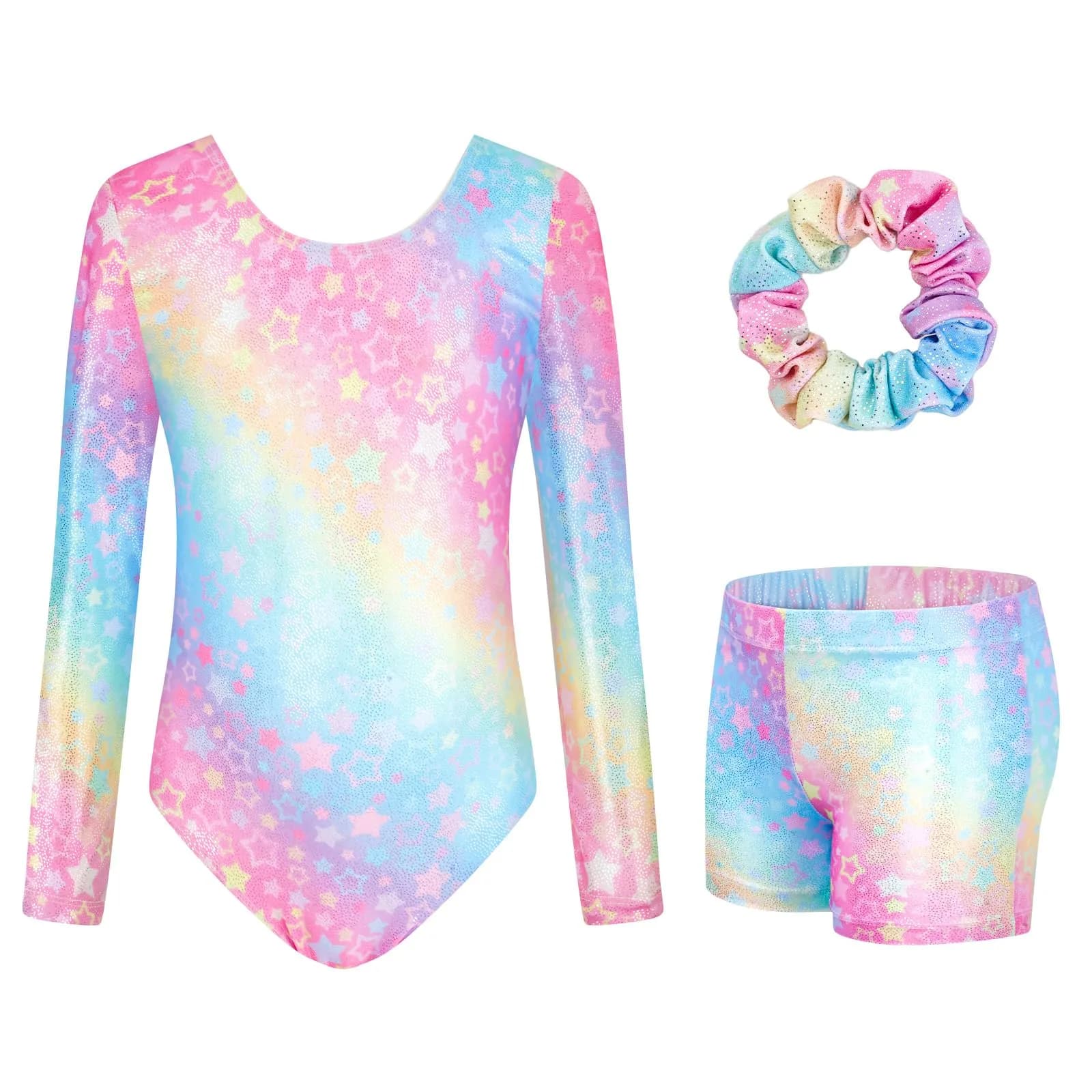 JiAmy Girls Gymnastics Leotards 3 Pcs Long Sleeve Sparkly Dance Biketards with Shorts & Scrunchie, Star Colored, 11-12 Years - main product image