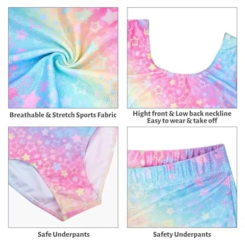 JiAmy Girls Gymnastics Leotards 3 Pcs Long Sleeve Sparkly Dance Biketards with Shorts & Scrunchie, Star Colored, 11-12 Years thumbnail 4