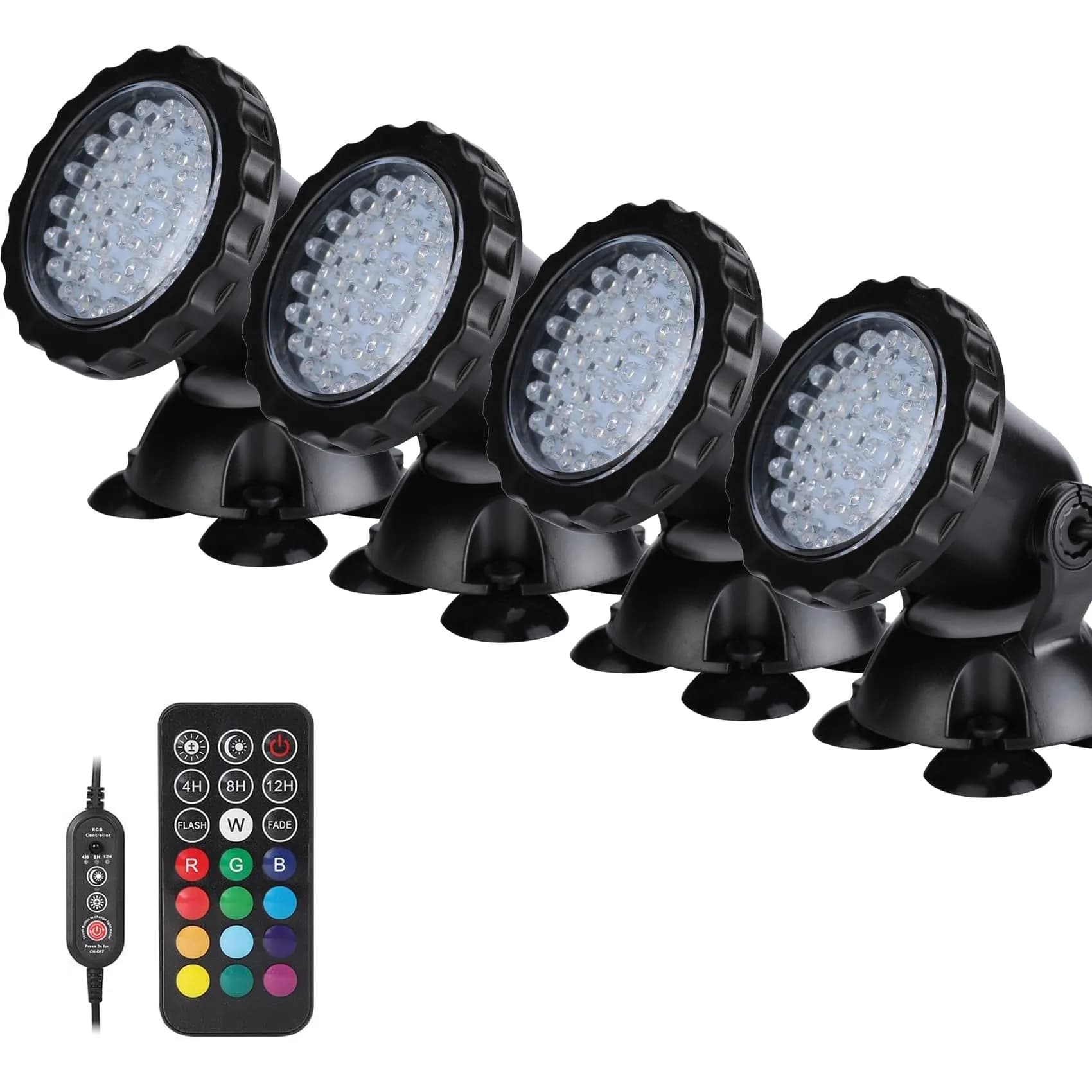 ZHGSERVU Pond Lights LED Underwater Fountain Lights 36LED Bulbs with Timer Remote Control Colors Changing Submersible Spotlight Set of 4 | IP68 Waterproof for Ponds, Fountains, Aquariums, Pools