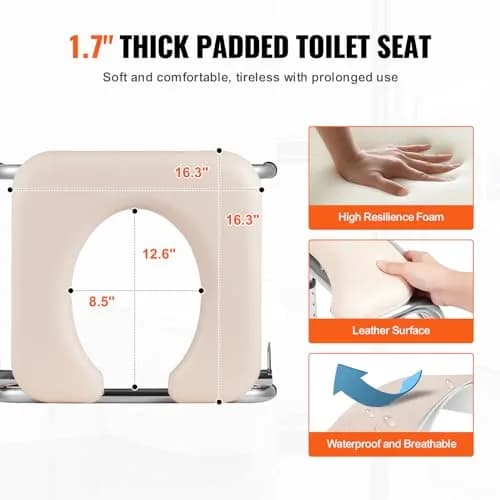 VEVOR Commode Chair Bedside Commode with Padded Seat, Drop-Down Arms, 7-Level Adjustable Height, 2.6kg (5.8L) Bucket, Easy Assembly, 158kg Capacity thumbnail 6