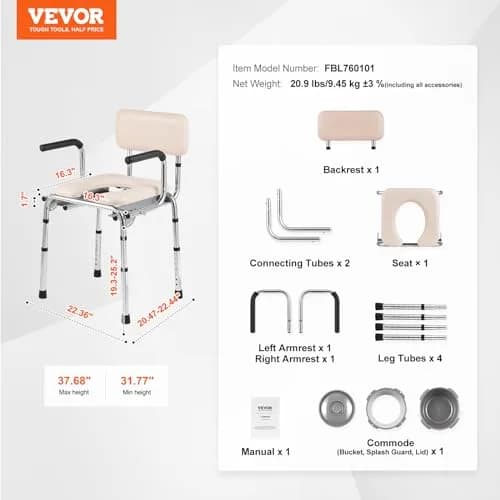 VEVOR Commode Chair Bedside Commode with Padded Seat, Drop-Down Arms, 7-Level Adjustable Height, 2.6kg (5.8L) Bucket, Easy Assembly, 158kg Capacity thumbnail 8