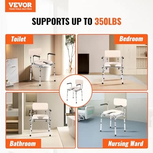 VEVOR Commode Chair Bedside Commode with Padded Seat, Drop-Down Arms, 7-Level Adjustable Height, 2.6kg (5.8L) Bucket, Easy Assembly, 158kg Capacity thumbnail 2