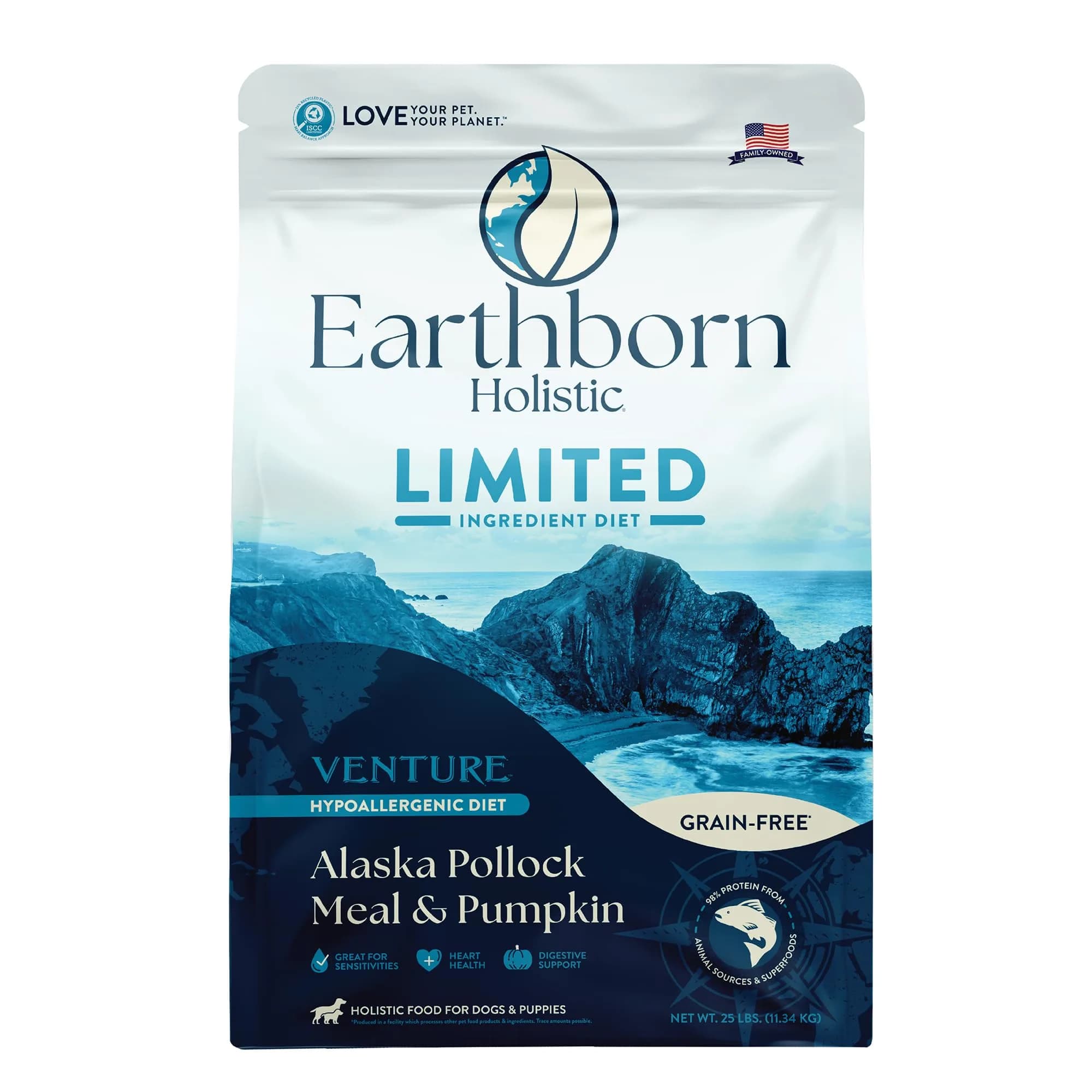 Earthborn Holistic Venture LID Pollock & Pumpkin Dry Dog Food 25 lb Bag | Limited Ingredient, Grain-Free, All Life Stages - main product image