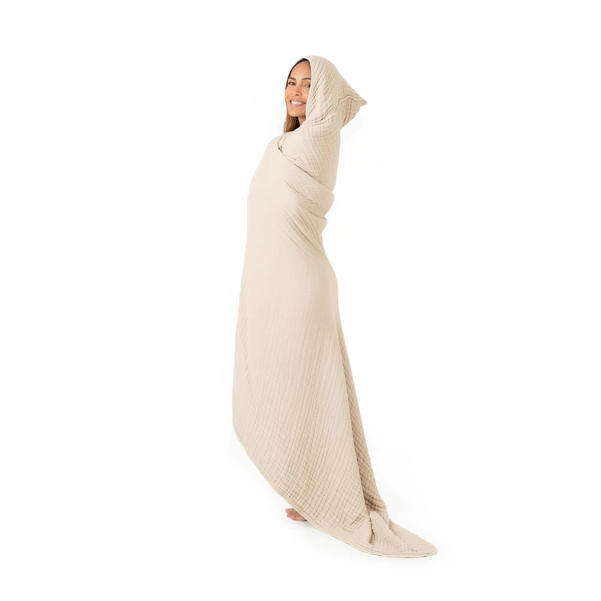 Comfy Cubs Adult Hooded Towel - Large 58'' x 58'', Soft, Absorbent, Stylish Dual-Function Muslin Towel Hoodie for Bath, Relaxation, and Everyday Use - Sand - main product image
