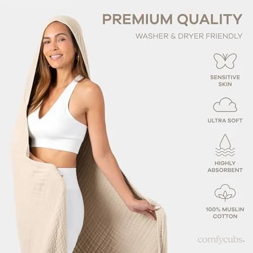 Comfy Cubs Adult Hooded Towel - Large 58'' x 58'', Soft, Absorbent, Stylish Dual-Function Muslin Towel Hoodie for Bath, Relaxation, and Everyday Use - Sand thumbnail 4