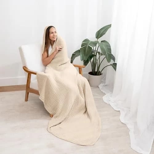 Comfy Cubs Adult Hooded Towel - Large 58'' x 58'', Soft, Absorbent, Stylish Dual-Function Muslin Towel Hoodie for Bath, Relaxation, and Everyday Use - Sand thumbnail 3