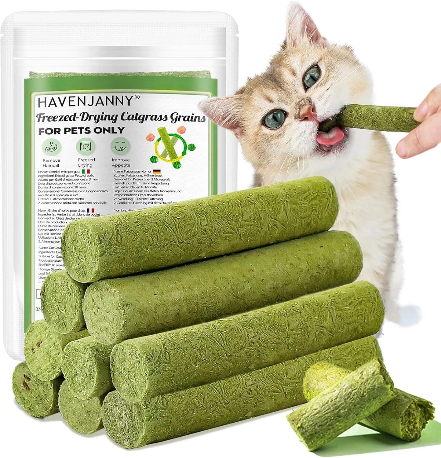 HavenJanny Cat Grass Teething Stick with Chicken 50g (1.76 oz) | Hairball Control & Dental Health - main product image