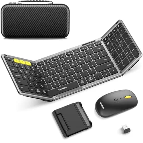 Samsers Foldable Keyboard and Mouse Combo, Full-Size Portable Travel Keyboard & Rechargeable Wireless Mouse | Bluetooth 5.0 x 2 + 2.4G thumbnail 1